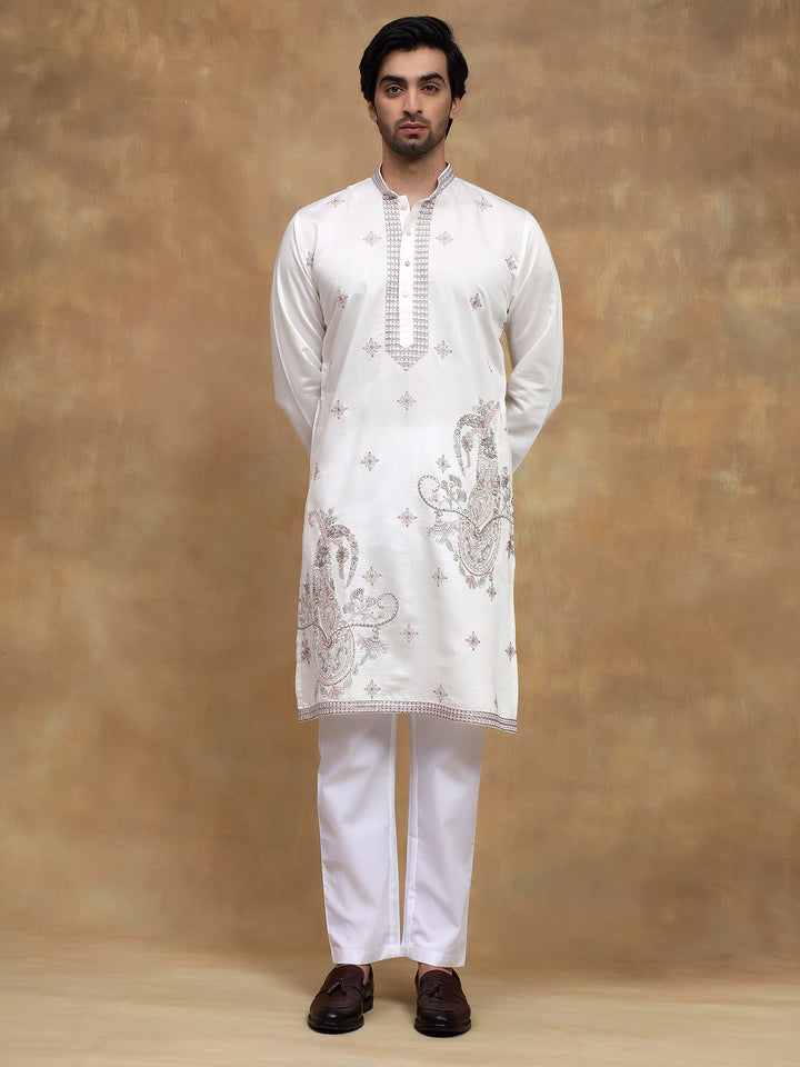 White Paisley Embroidered Kurta Set
