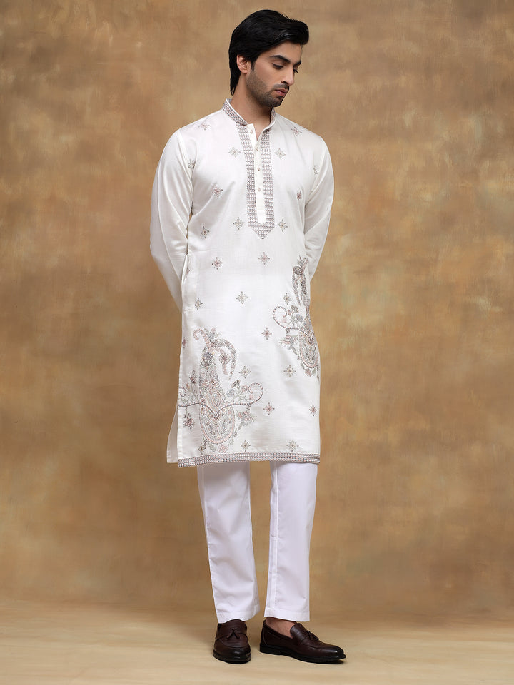 White Paisley Embroidered Kurta Set