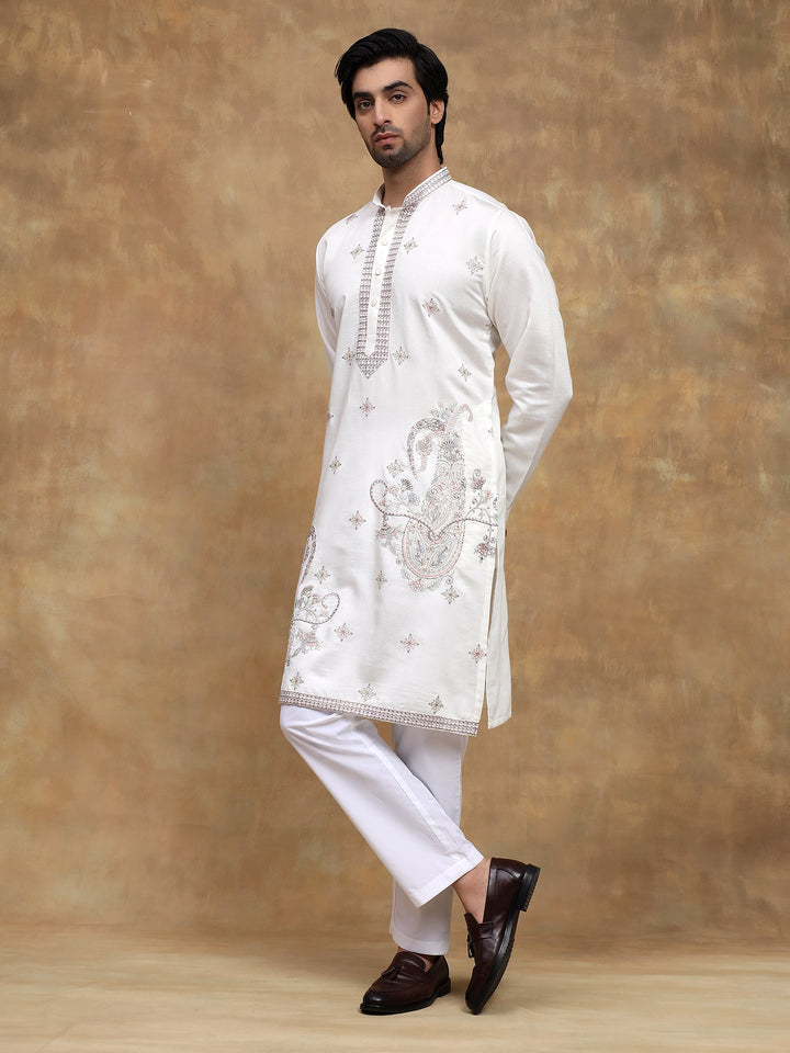 White Paisley Embroidered Kurta Set