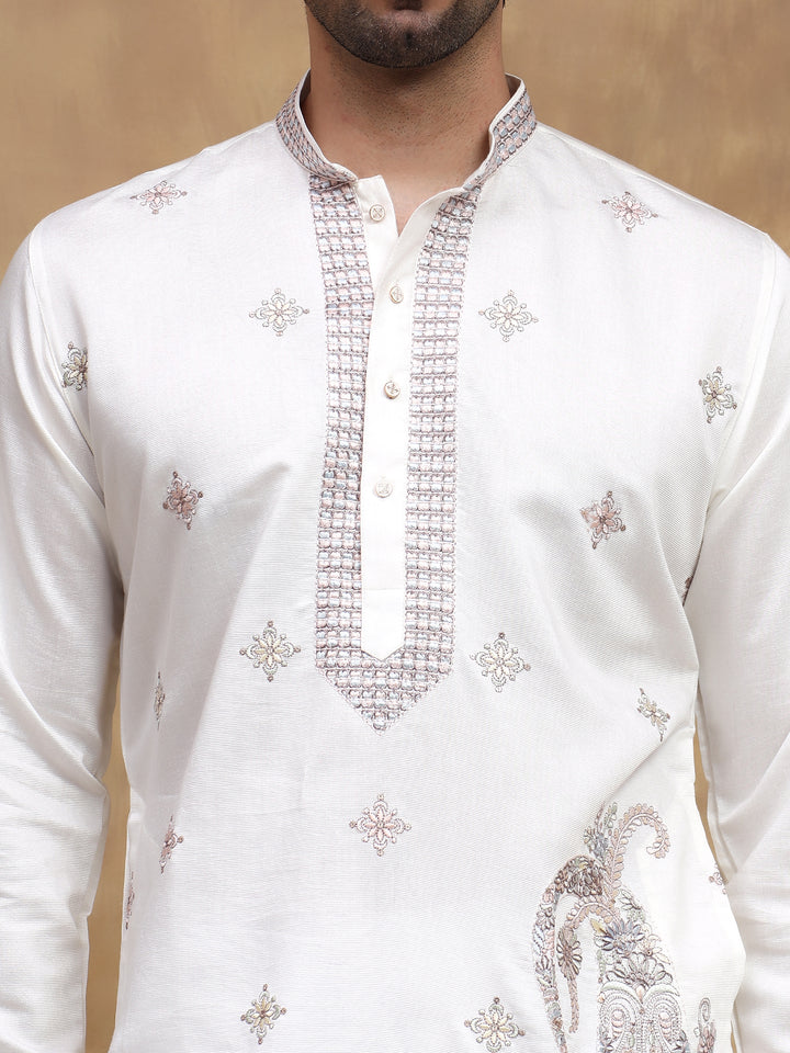 White Paisley Embroidered Kurta Set