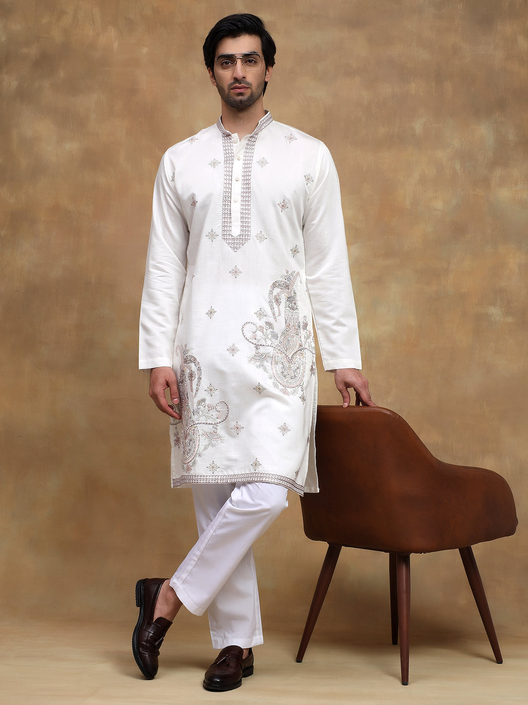 White Paisley Embroidered Kurta Set