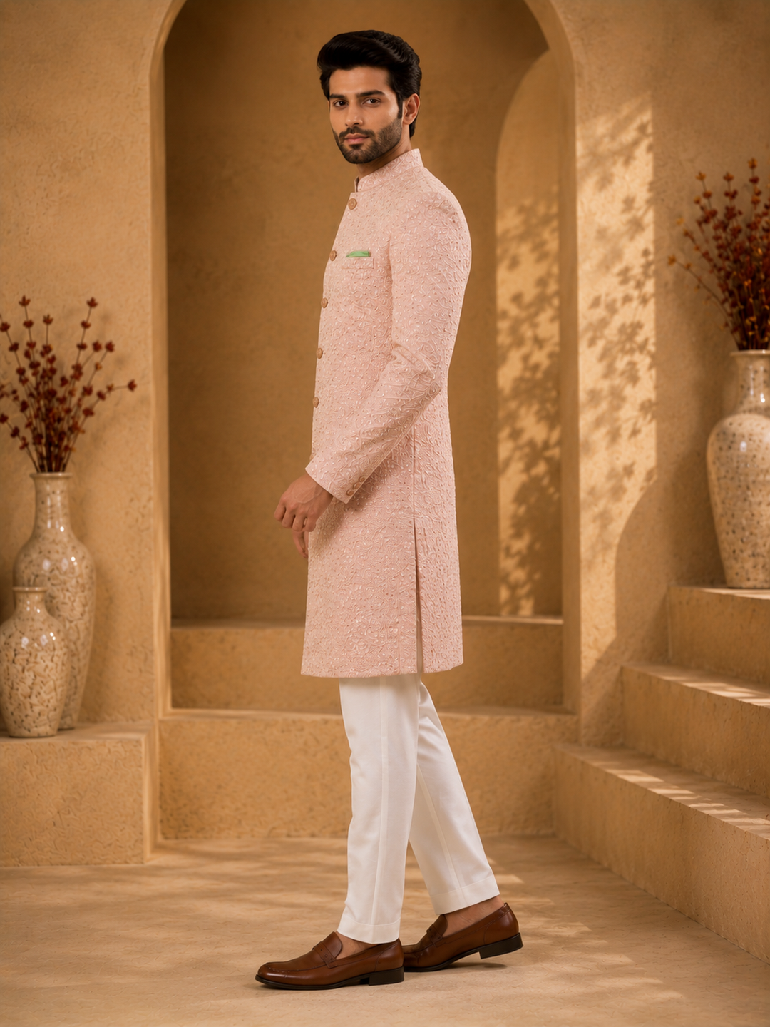 Peach Embroidered Indo Western for Men