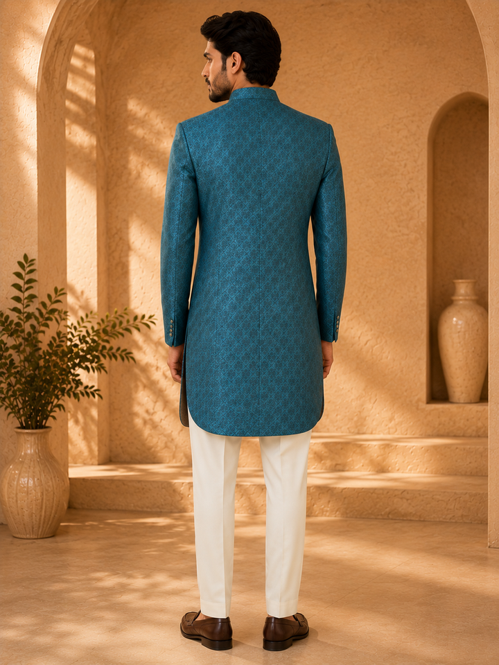 Teal silk print Indo Western for Men