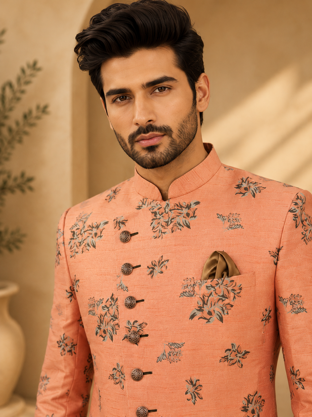 Peach jacquard Indo Western Set
