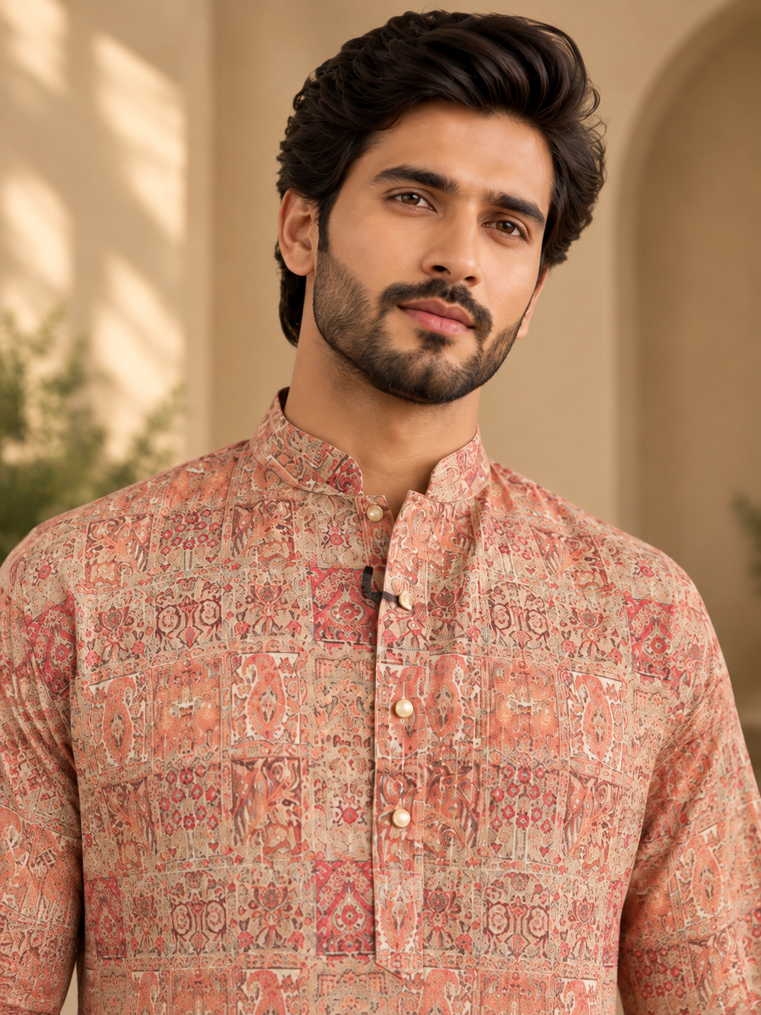 Pink Printed Ethnic Kurta for Men