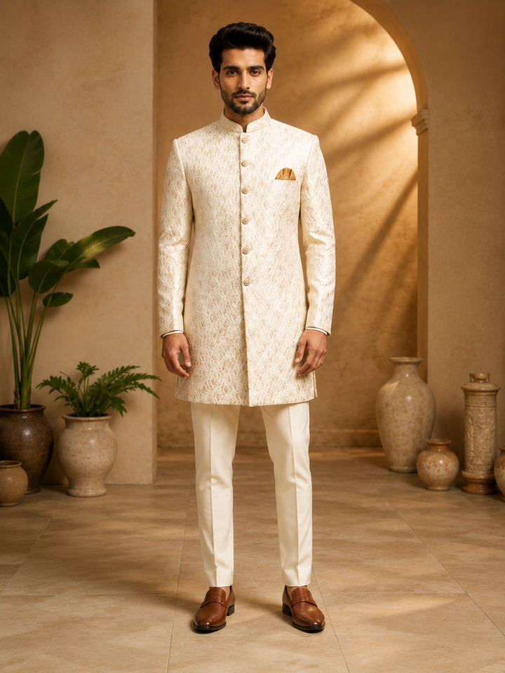 Ivory Indo Western Jacquard Textured Set