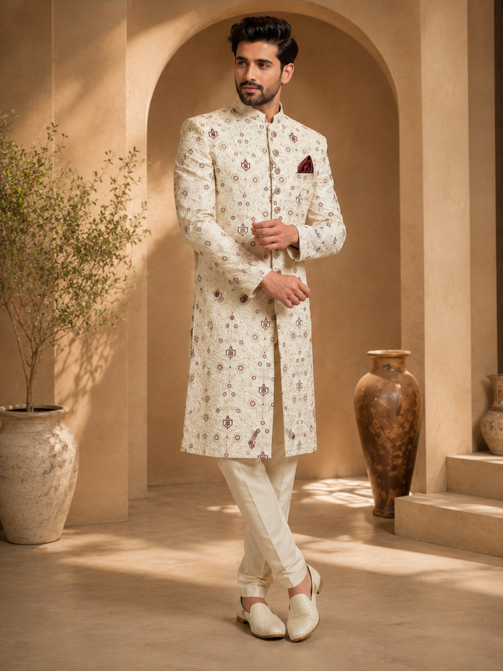 Ivory Embroidered Indo Western with maroon Motifs