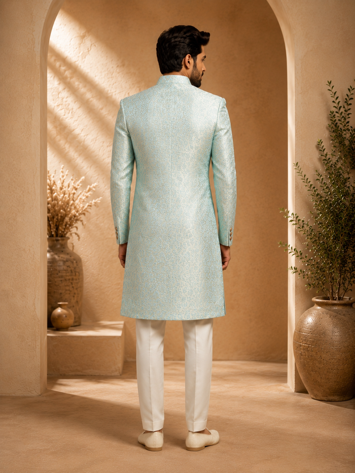 Ice Blue Jacquard Indo Western for Men