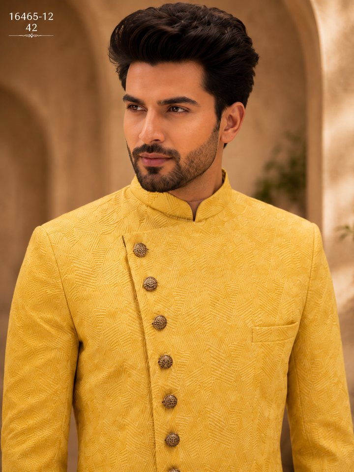 Yellow Textured Indo Western for Men