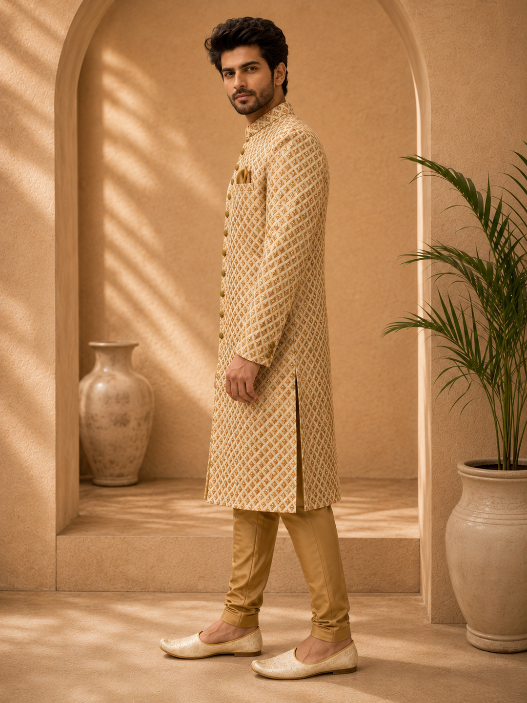 Gold Indo Western Embroidered Diamond Pattern  with mirrors