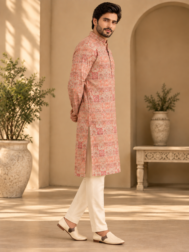 Pink Printed Ethnic Kurta for Men