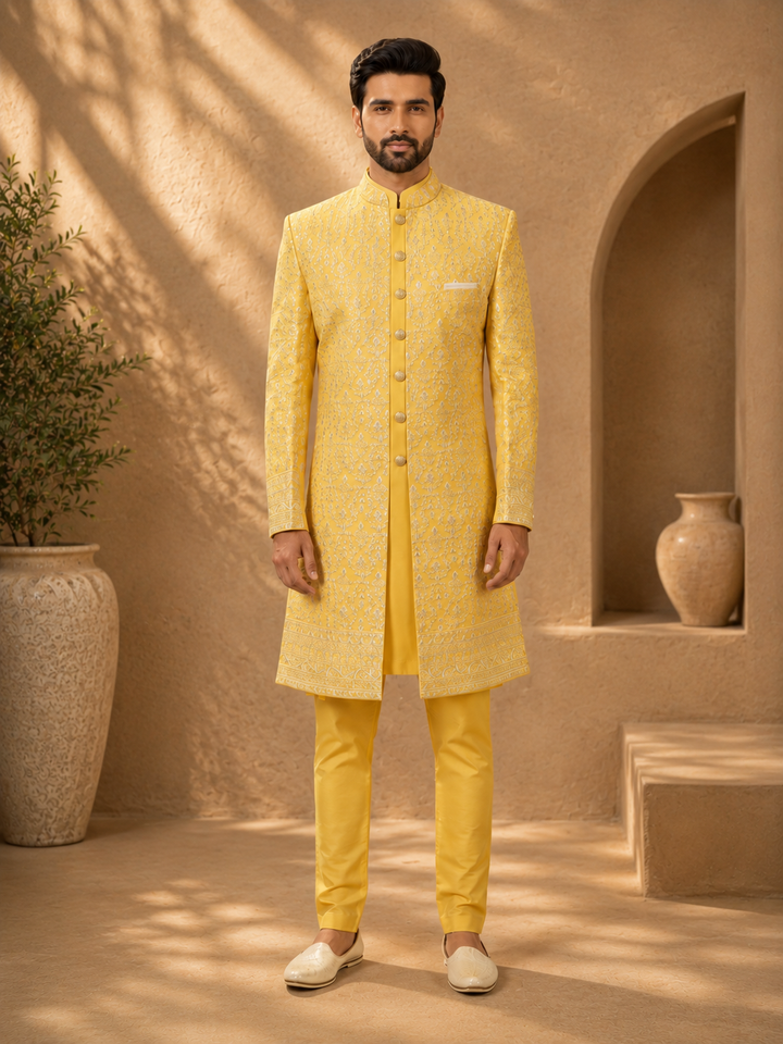Yellow Embroidered Indo Western Set for Men