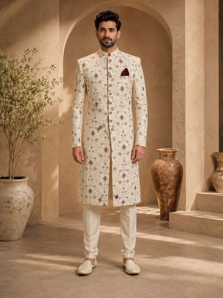 Ivory Embroidered Indo Western with maroon Motifs