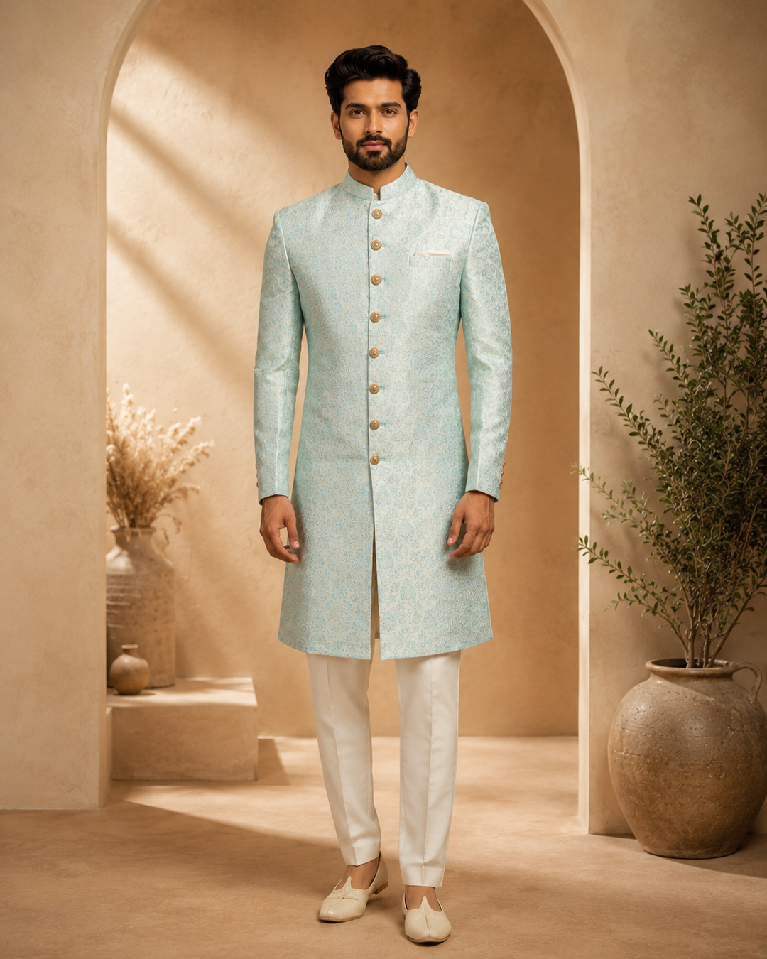 Ice Blue Jacquard Indo Western for Men