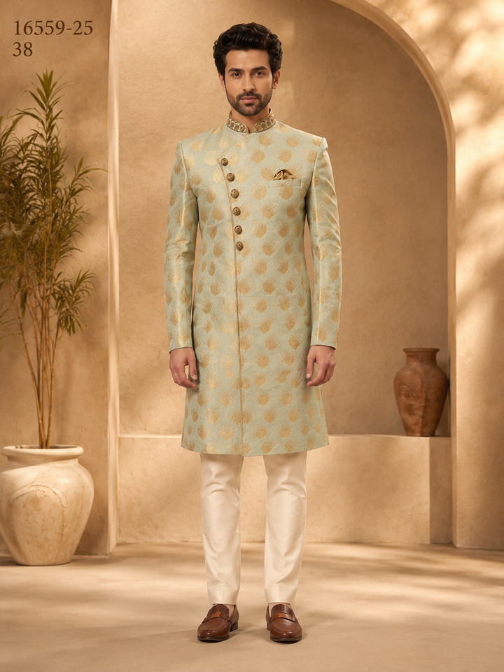 Mint Green Jacquard Indo Western with Embellished Collar