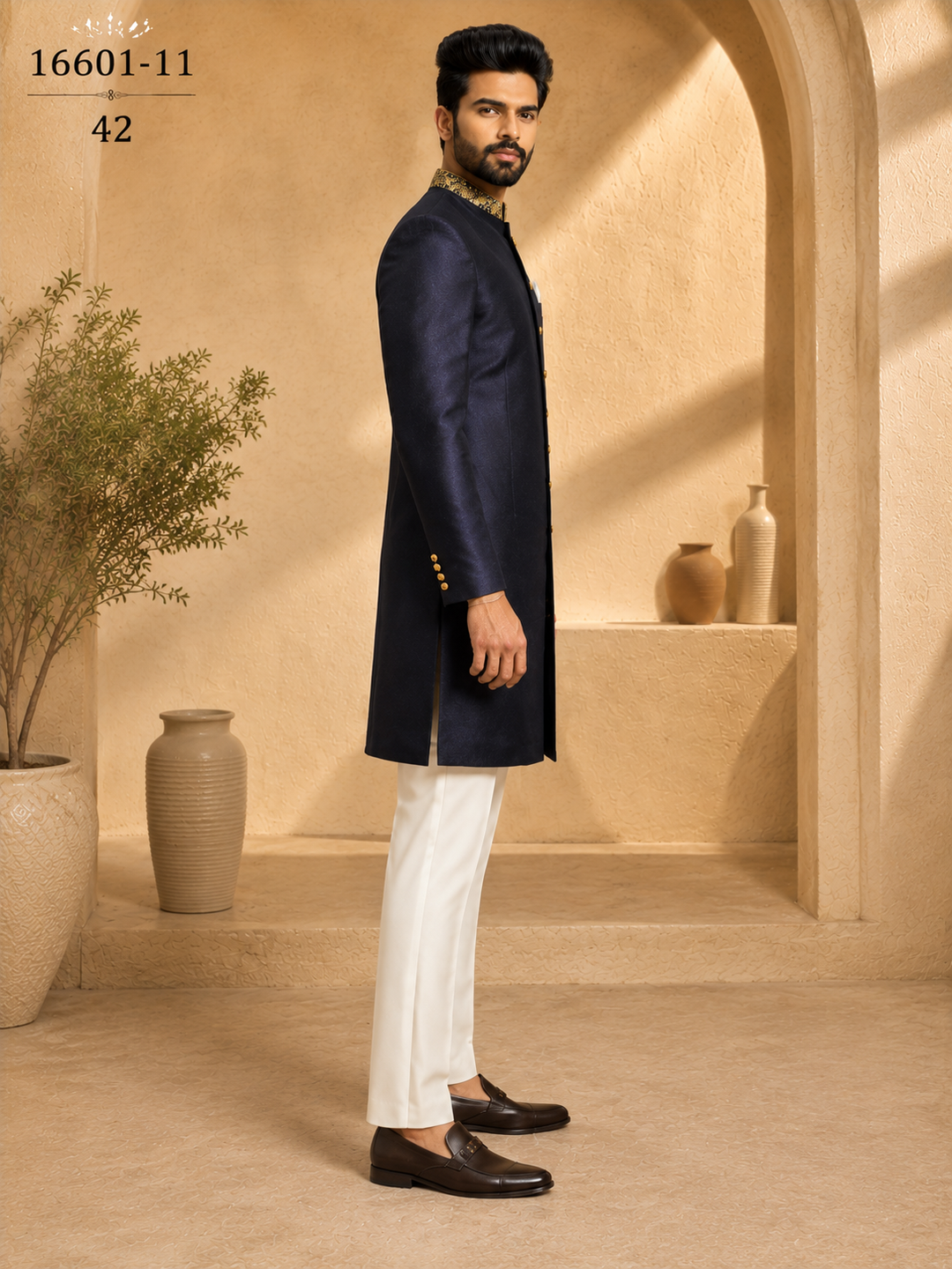 Navy Blue Indo Western with Embroidered Collar
