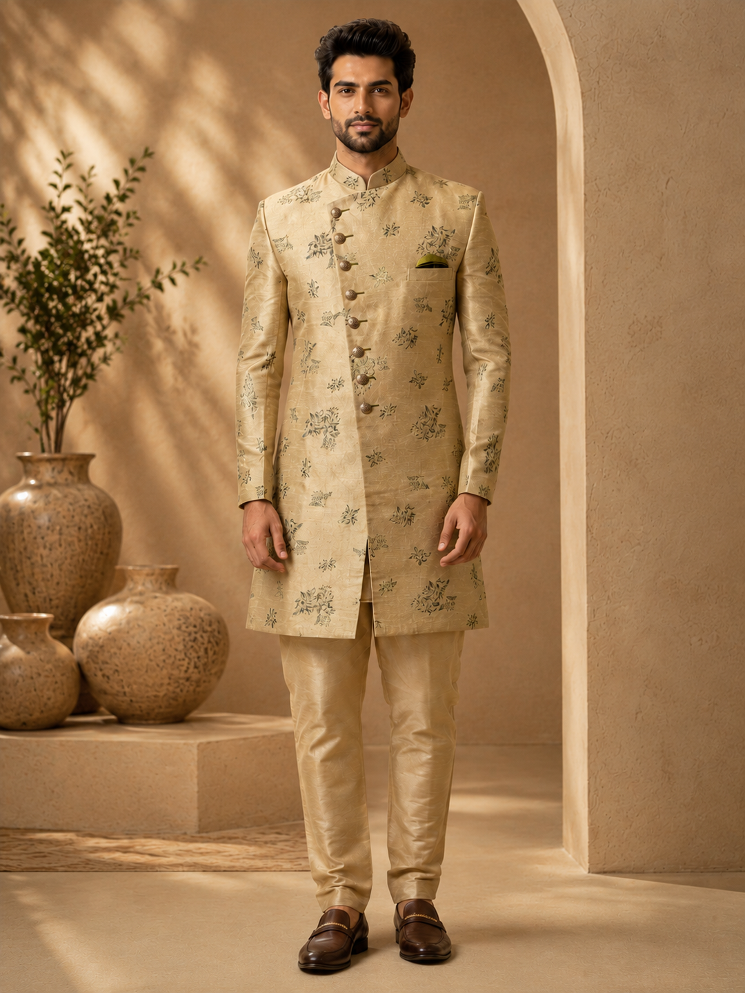 Gold Indo Western with Floral brocade design