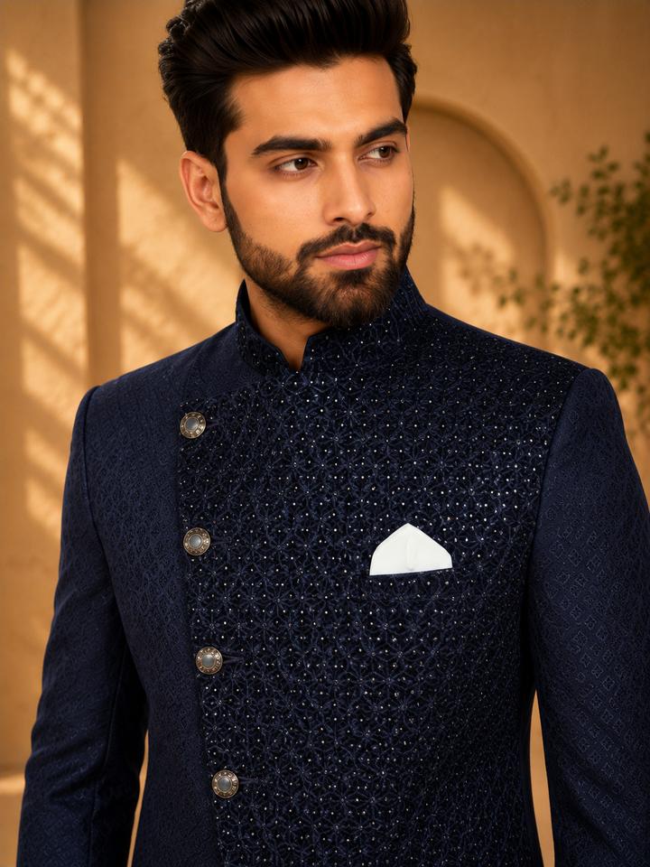 Navy jacquard and textured Embroidered Indo Western