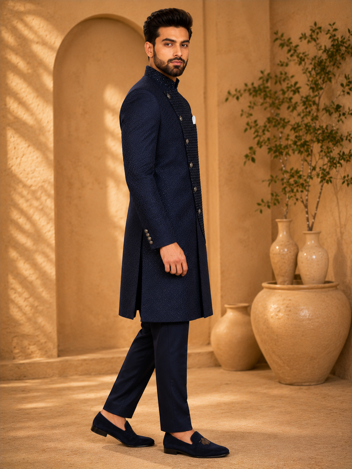 Navy jacquard and textured Embroidered Indo Western