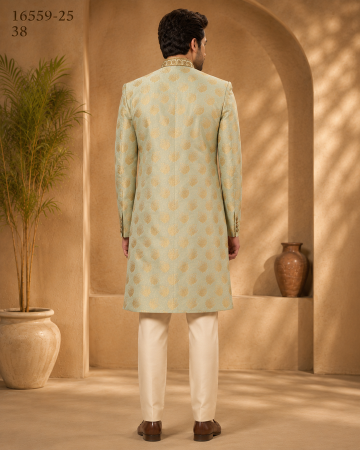 Mint Green Jacquard Indo Western with Embellished Collar