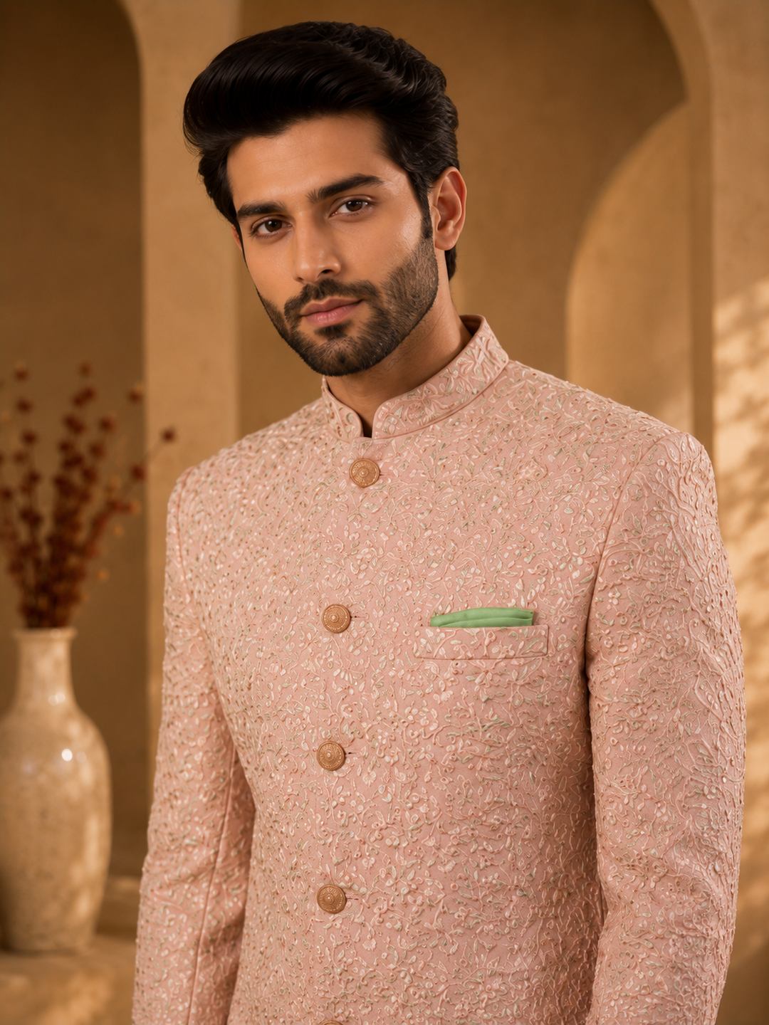 Peach Embroidered Indo Western for Men