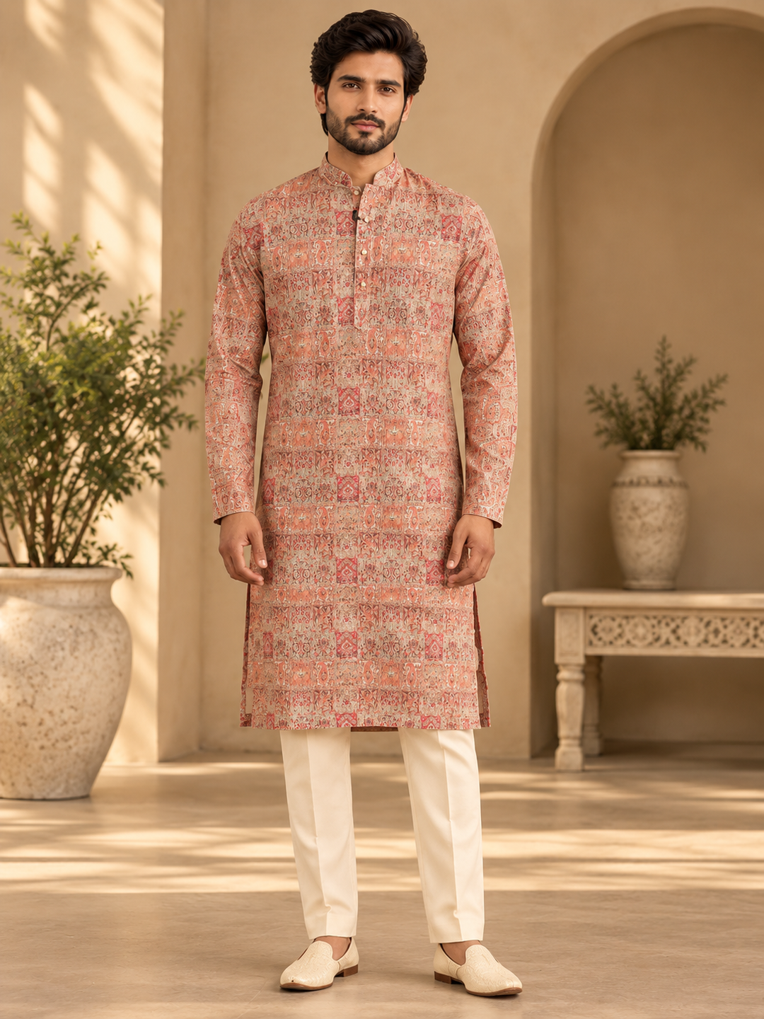 Pink Printed Ethnic Kurta for Men