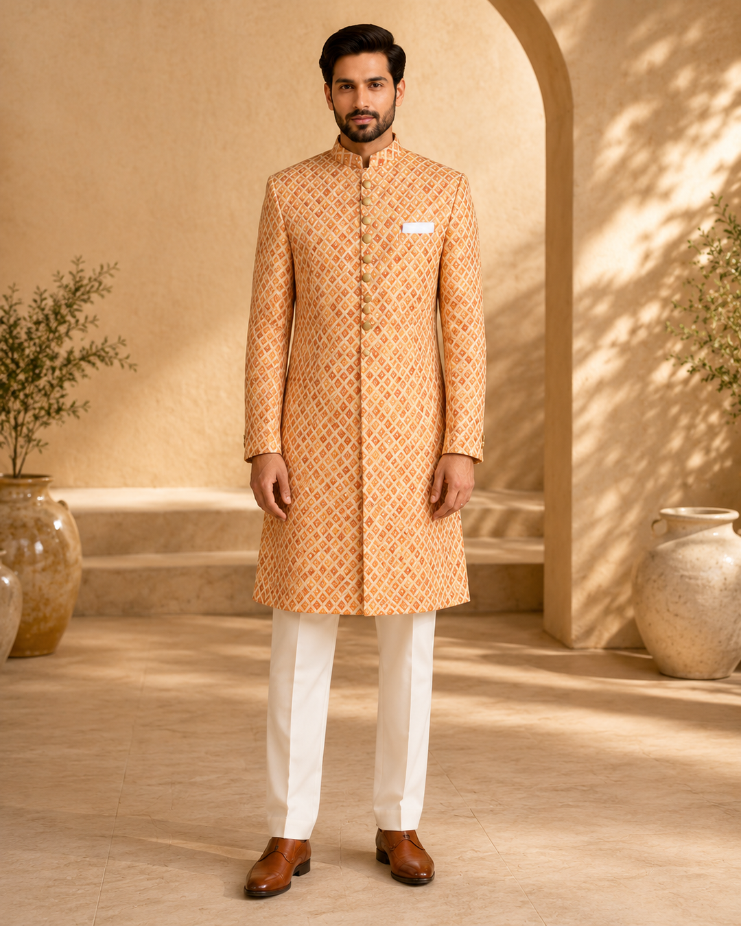 Peach Indo Western Embroidered Diamond Pattern with mirrors