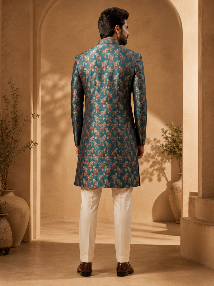 Teal Floral brocade Indo Western Set