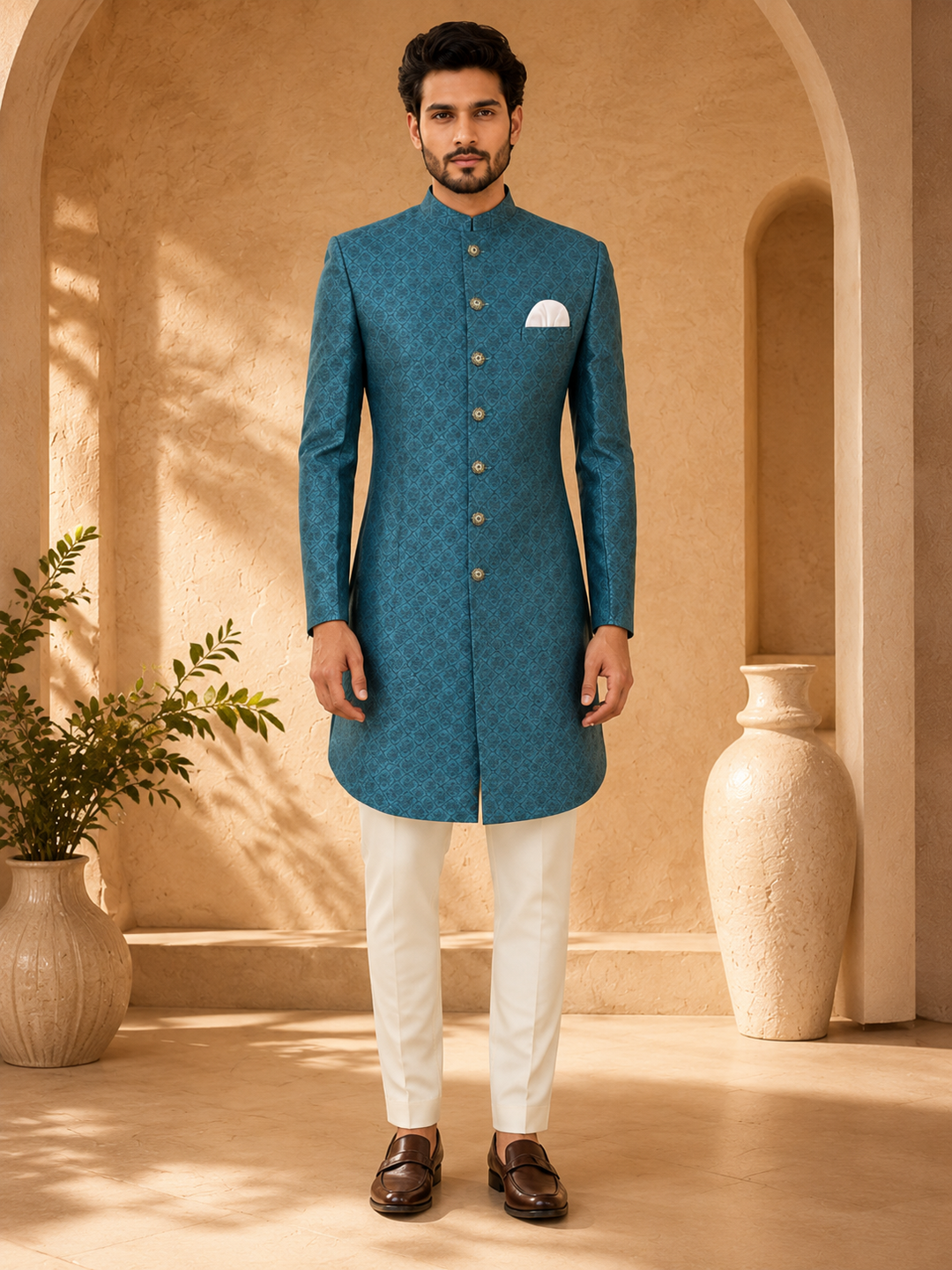 Teal silk print Indo Western for Men