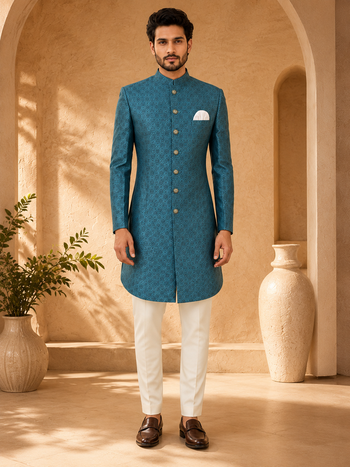 Teal silk print Indo Western for Men