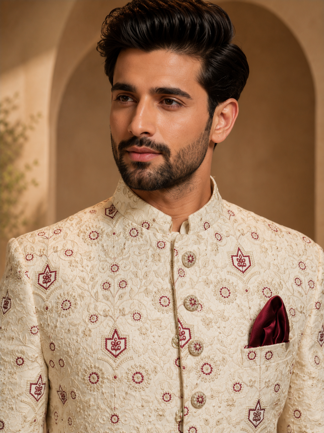 Ivory Embroidered Indo Western with maroon Motifs