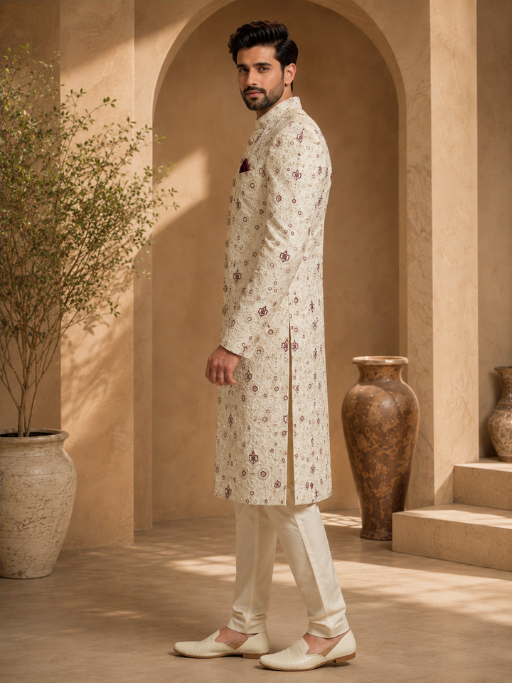 Ivory Embroidered Indo Western with maroon Motifs