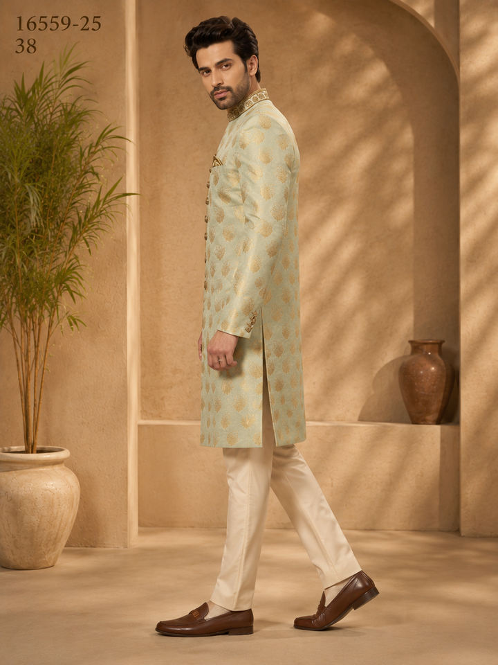 Mint Green Jacquard Indo Western with Embellished Collar