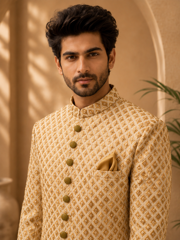 Gold Indo Western Embroidered Diamond Pattern  with mirrors