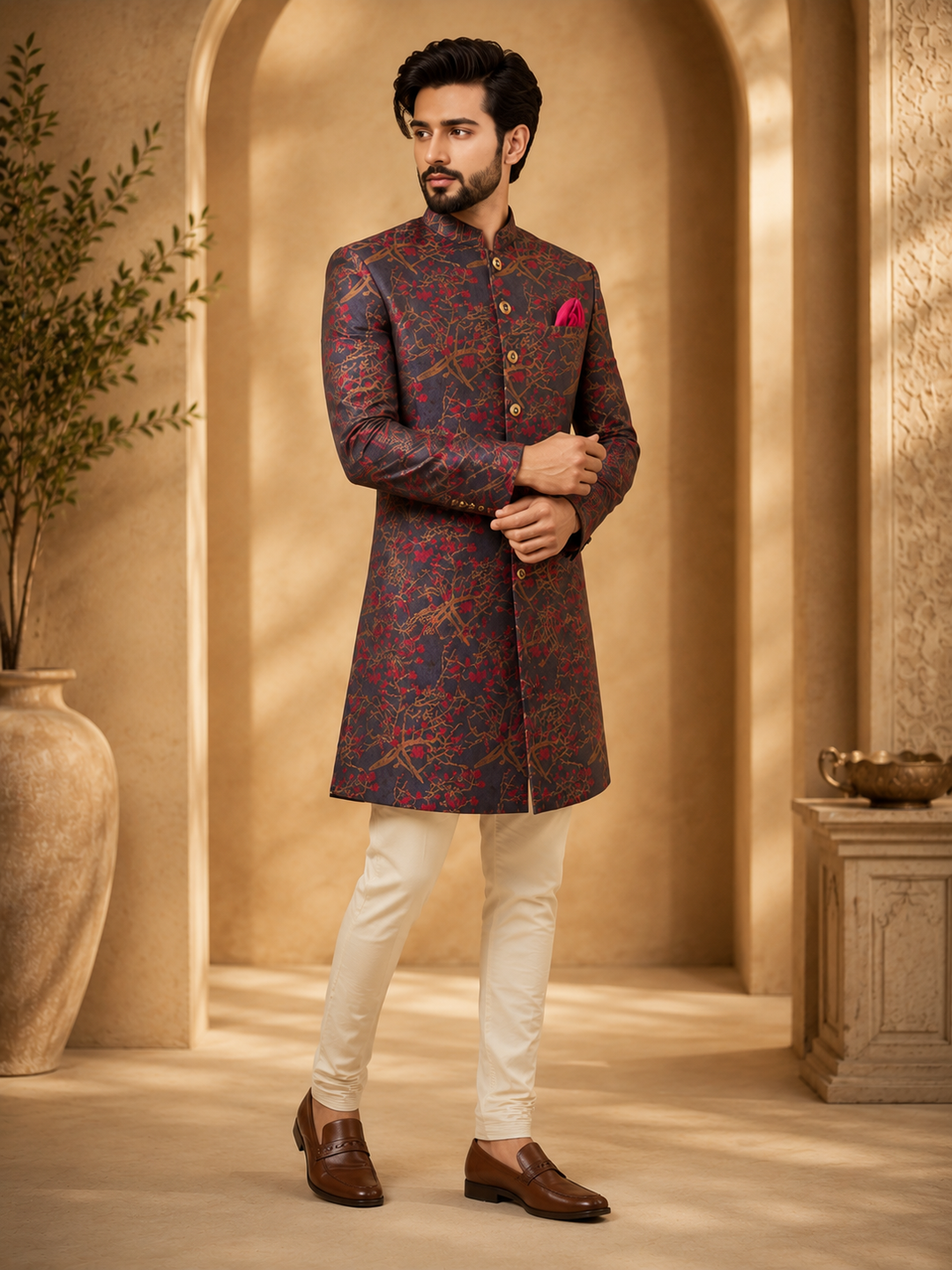Charcoal Indo Western with  Printed Design