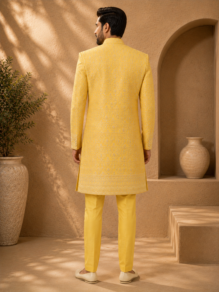 Yellow Embroidered Indo Western Set for Men