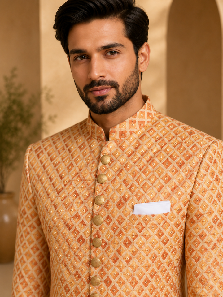 Peach Indo Western Embroidered Diamond Pattern with mirrors