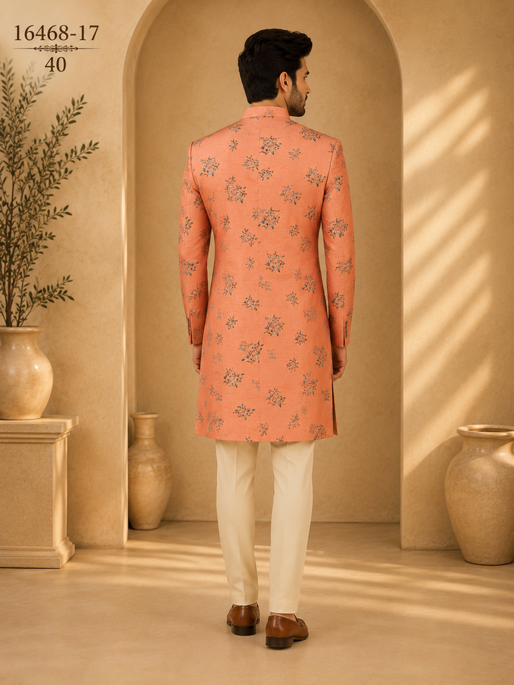 Peach jacquard Indo Western Set