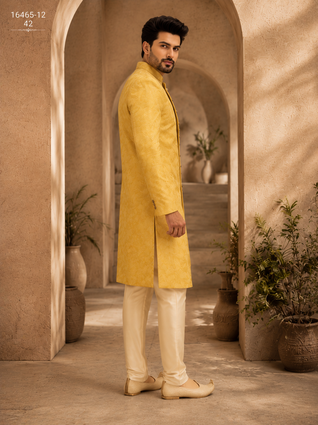 Yellow Textured Indo Western for Men