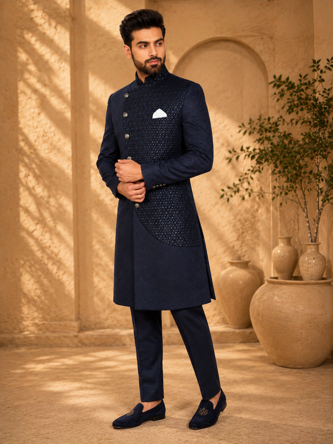 Navy jacquard and textured Embroidered Indo Western