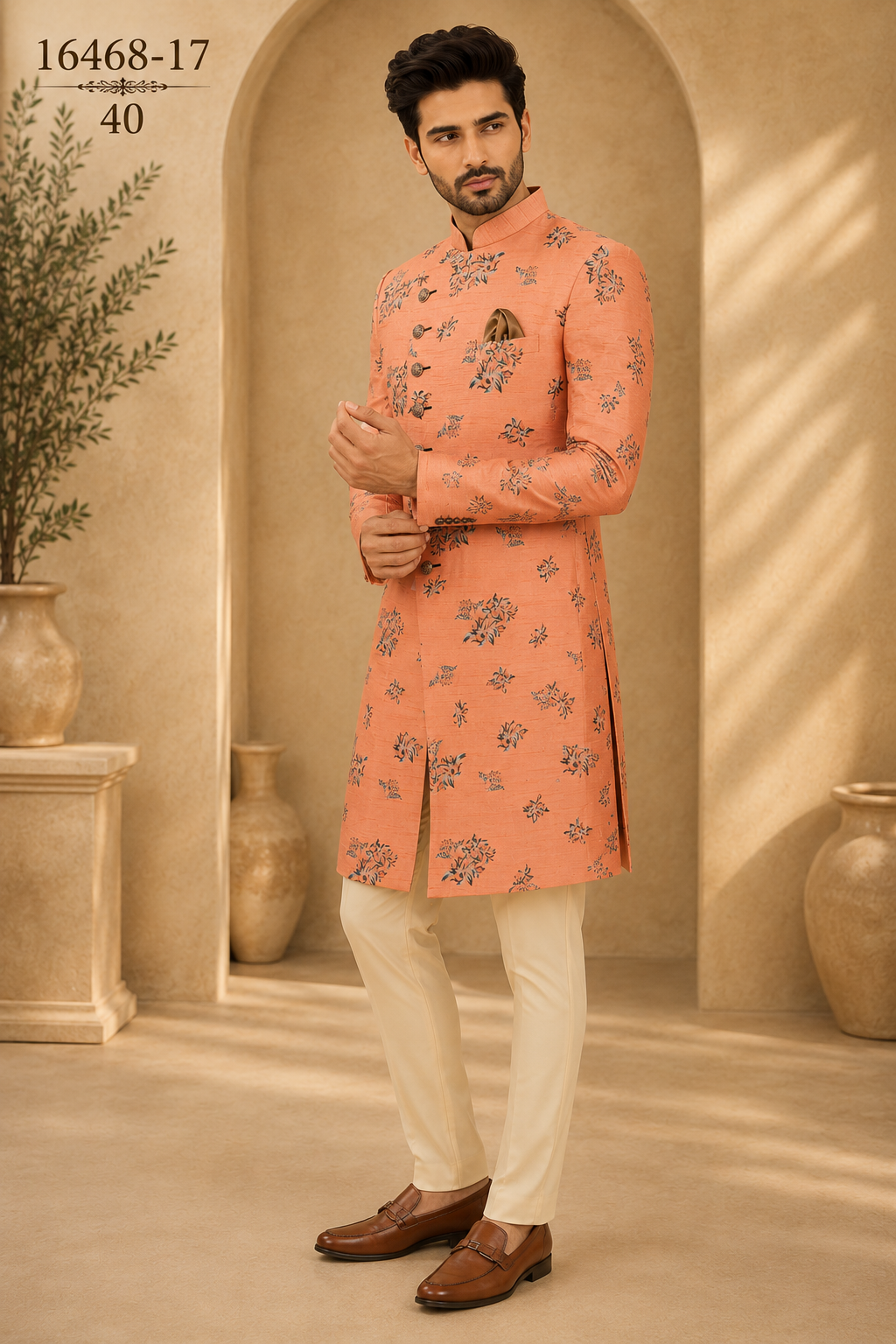 Peach jacquard Indo Western Set