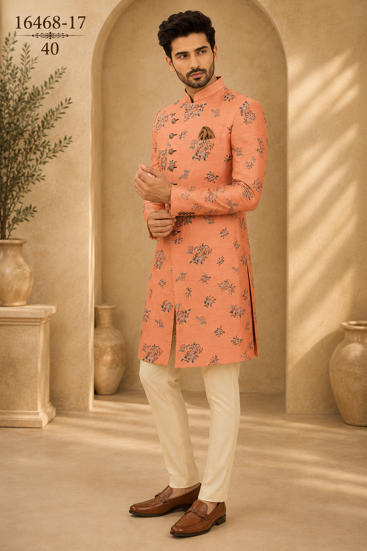 Peach jacquard Indo Western Set