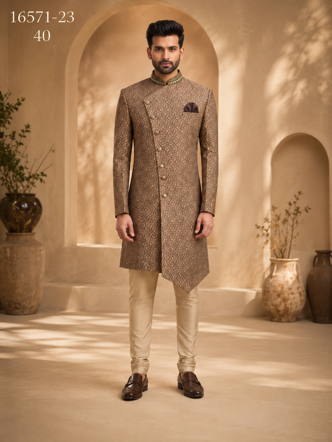 Brown Printed Indo Western with Embellished Collar