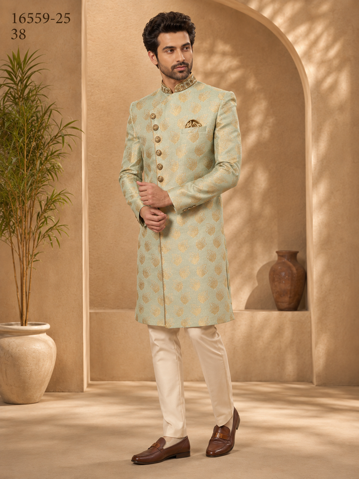 Mint Green Jacquard Indo Western with Embellished Collar