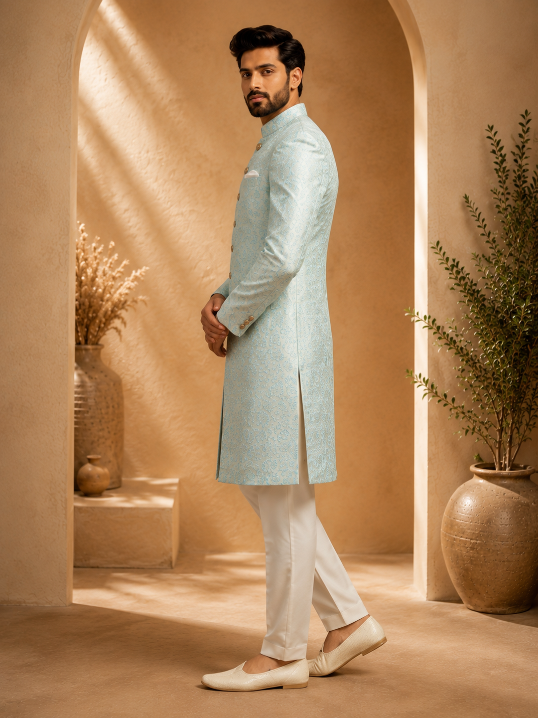 Ice Blue Jacquard Indo Western for Men