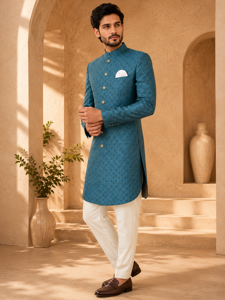 Teal silk print Indo Western for Men