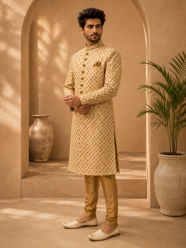 Gold Indo Western Embroidered Diamond Pattern  with mirrors