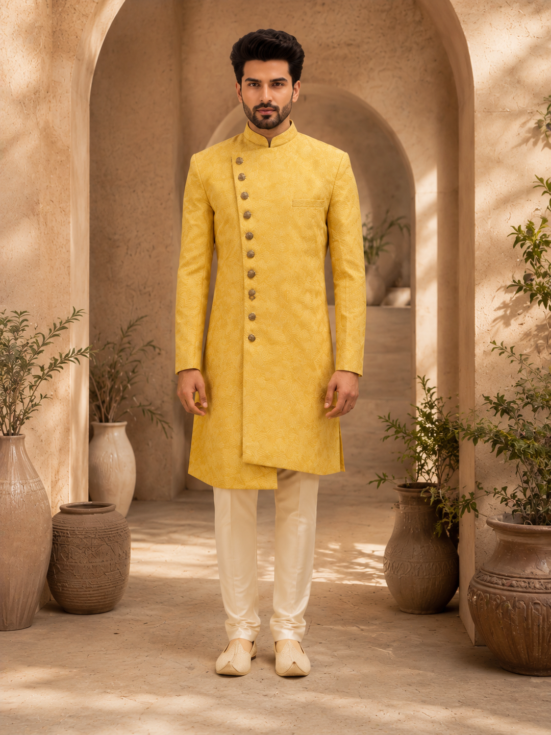 Yellow Textured Indo Western for Men