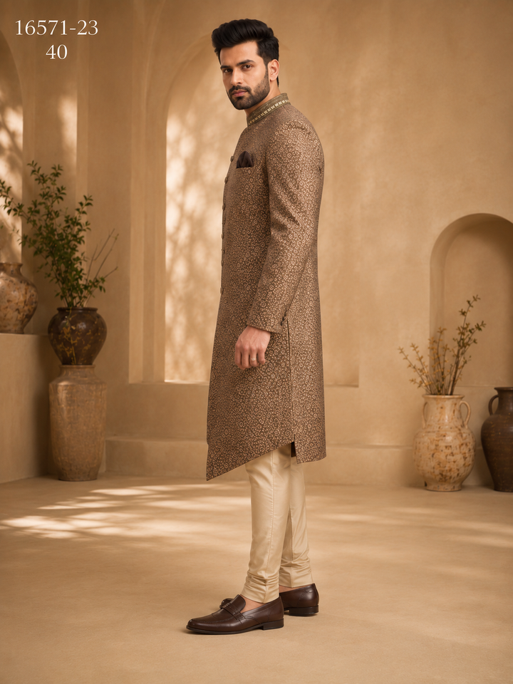 Brown Printed Indo Western with Embellished Collar