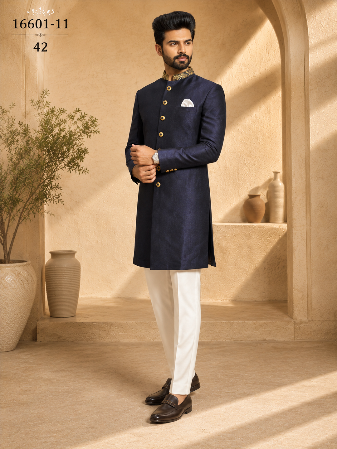 Navy Blue Indo Western with Embroidered Collar